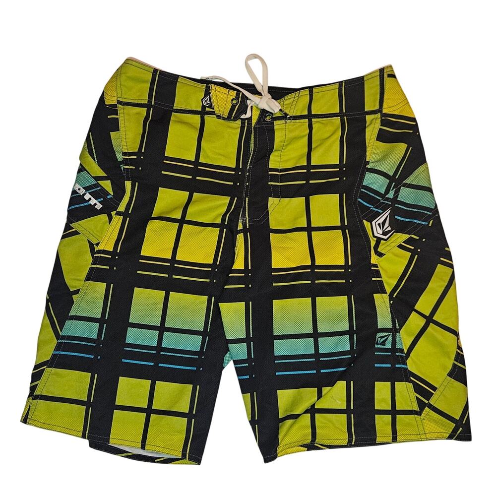 Y2K Volcom Board Shorts Mens 32 Baggy Armstrong Print Surf Skate Plaid Trunks